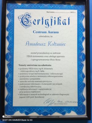 Certyfikat ukończenia kursu terapii naturalnych