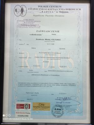 Certyfikat potwierdzający ukończenie szkolenia terapeutycznego