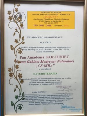 Świadectwo ukończenia kursu z zakresu metod naturalnych