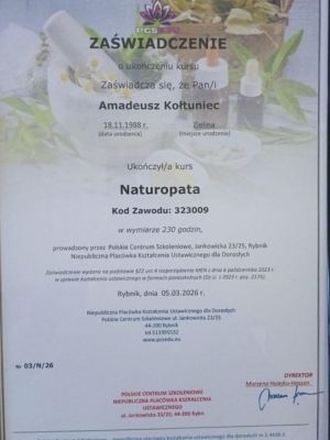 Certyfikat potwierdzający kwalifikacje w obszarze naturoterapii