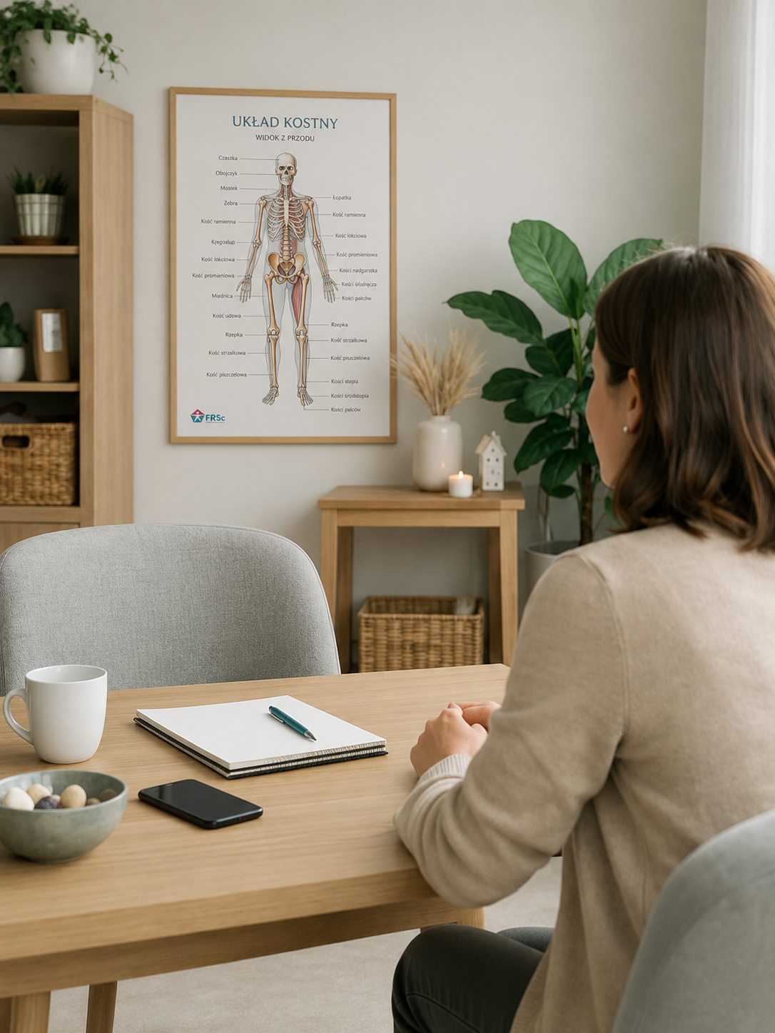 Konsultacja w gabinecie z widoczną planszą anatomiczną